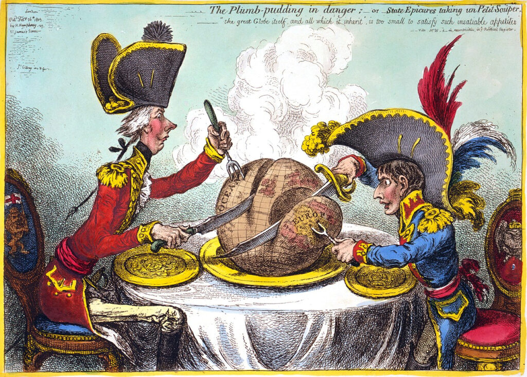 Caricature de James Gillray, décembre 1805: Pitt et Napoléon se partageant le monde