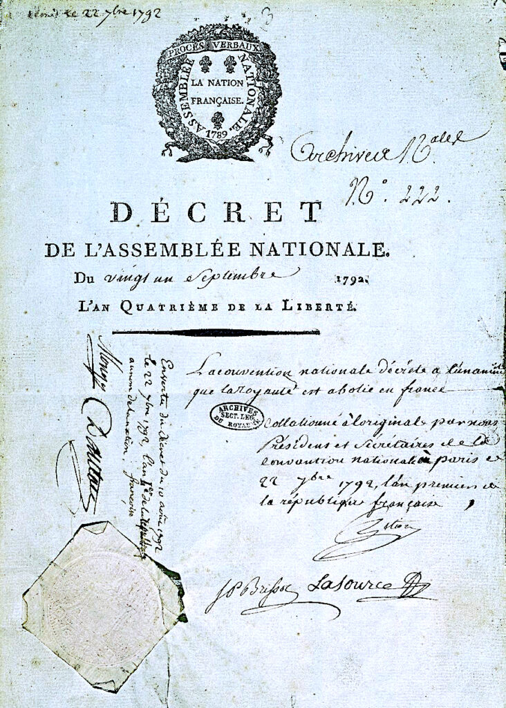 Décret d'abolition de la royauté par la Convention nationale (21 septembre 1792).